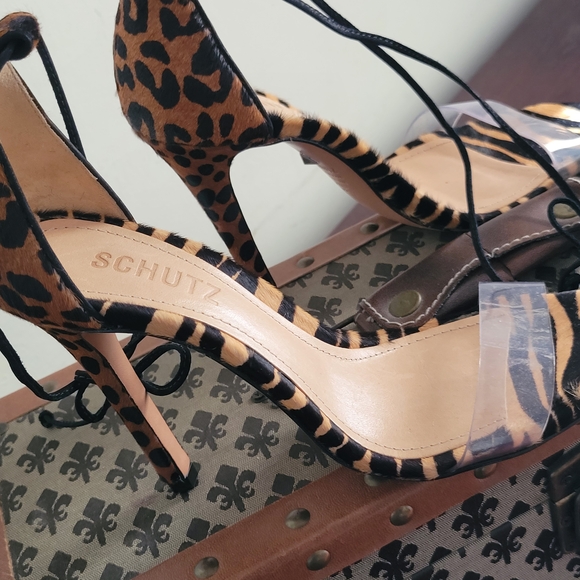 SCHUTZ Shoes - SCHUTZ Sandstone Animal Print Lace-Up Heels Sz 7.5 Calf Pony Hair